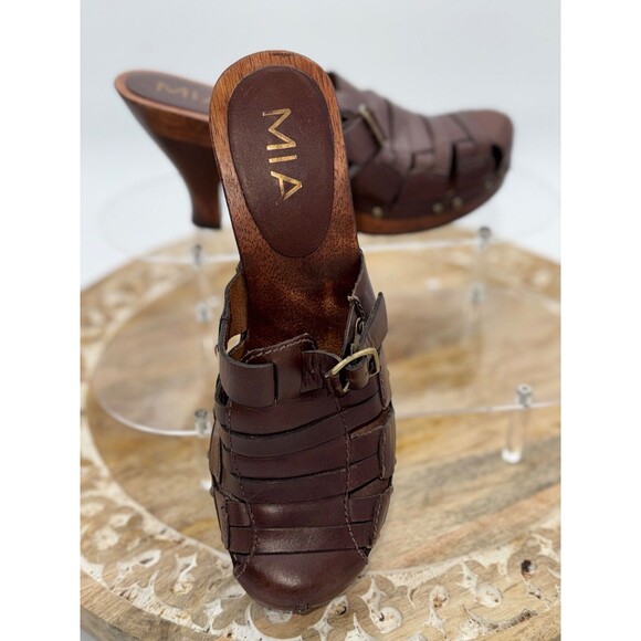 Vintage MIA Y2K 90’s Brown leather clogs mules Wooden Wedge Heel sz 8 Slides